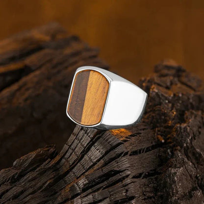 Damascus Flat Tiger Eye Ring