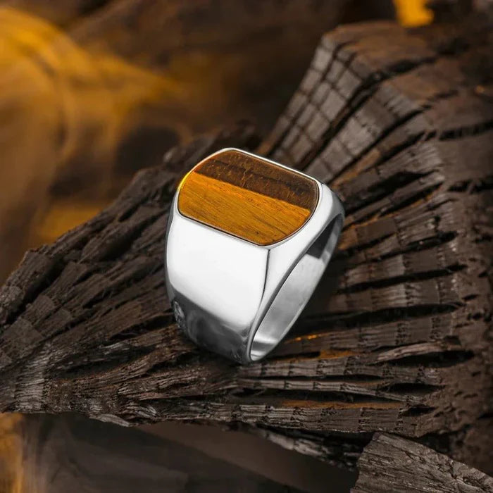 Damascus Flat Tiger Eye Ring