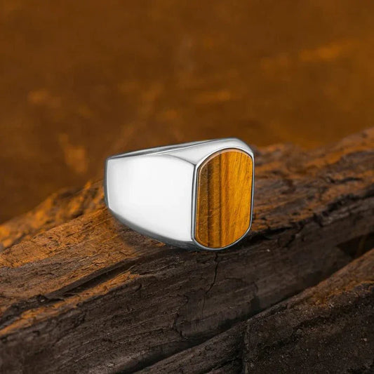 Damascus Flat Tiger Eye Ring